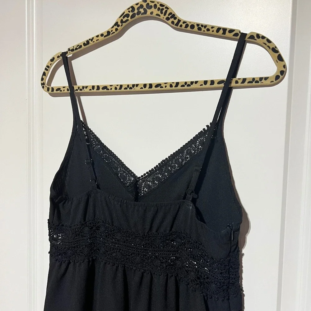 Black Crochet Lace Trim Empire Waist Mini Dress Sleeveless Adjustable Straps M